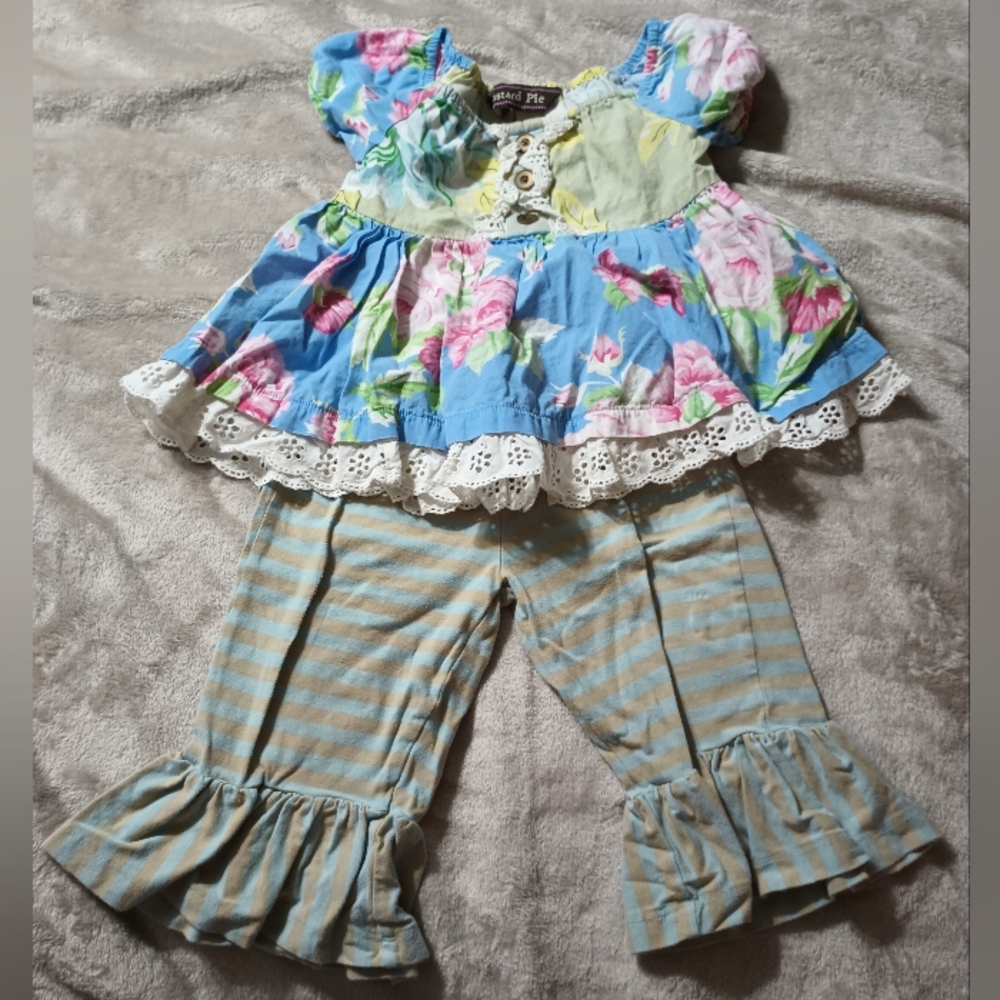 Mustard Pie Yellow and Blue Floral Tunic with Striped Ruffle Pants Size 9 Months